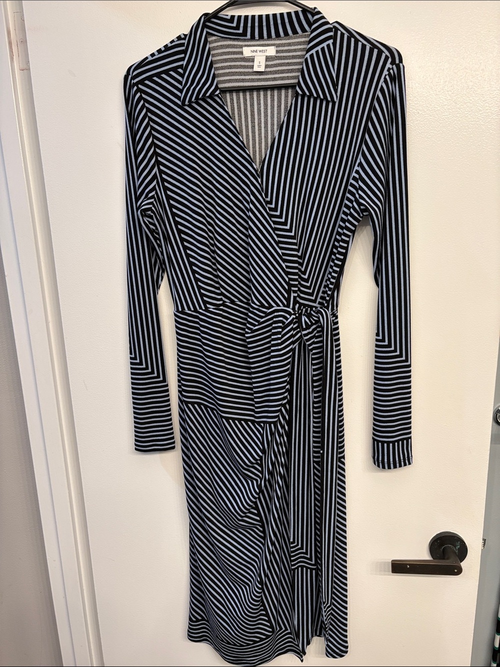 Nine West Navy and White Long-Sleeve Striped Wrap Dress
